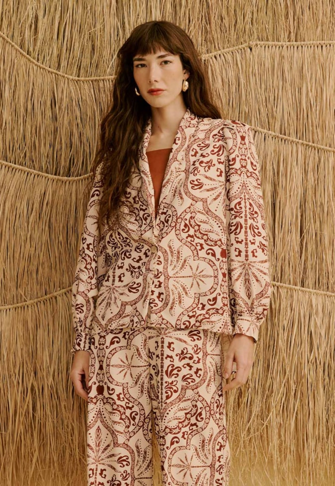 Blazer com Manga Bufante Estampado Palmas Del Sol