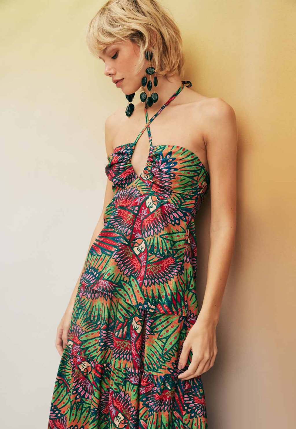 Blusa Alça Fina Transversal Estampado Bordado Marajoara