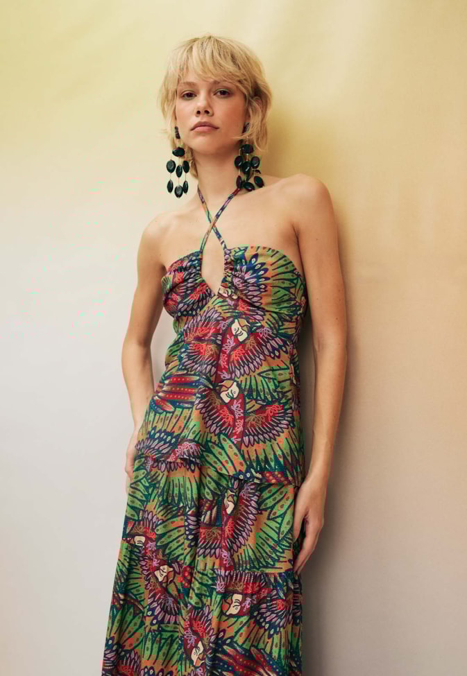 Blusa Alça Fina Transversal Estampado Bordado Marajoara