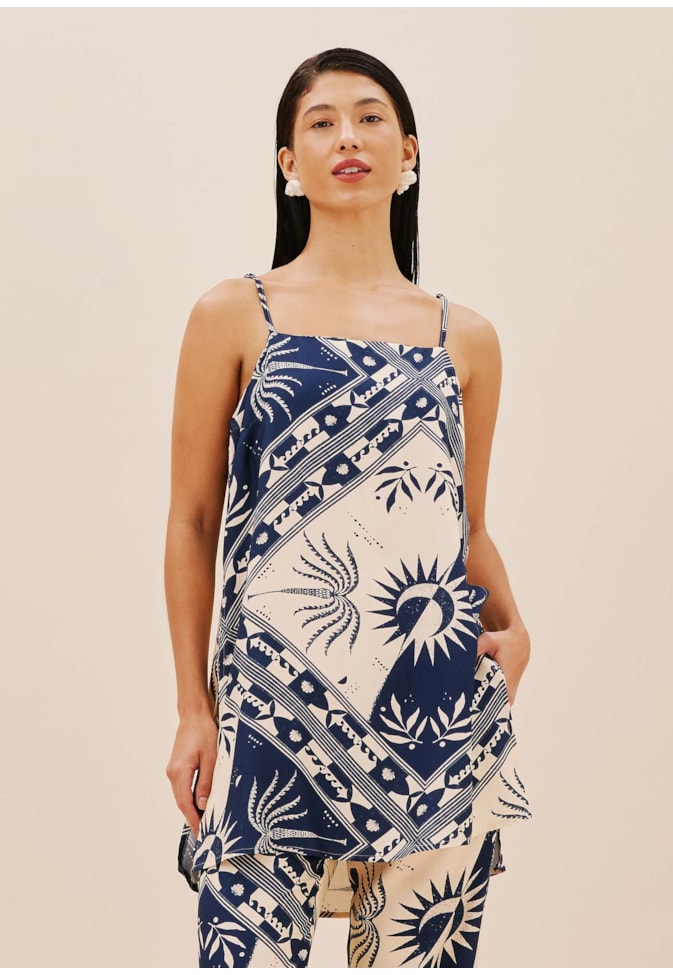 Blusa Alongada Com Fenda Estampada Céu