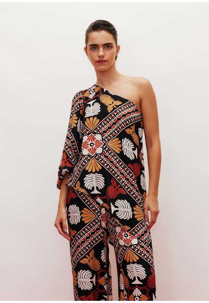 Blusa Assimétrica Manga Longa Estampada Baião