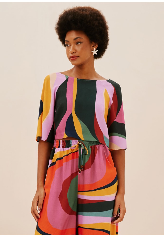 Blusa com Manga Cava Raglan Estampada Marés