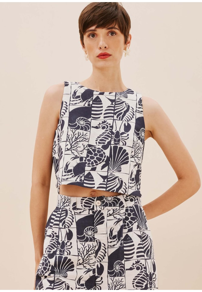 Blusa Cropped Taco Lateral Estampada Mar