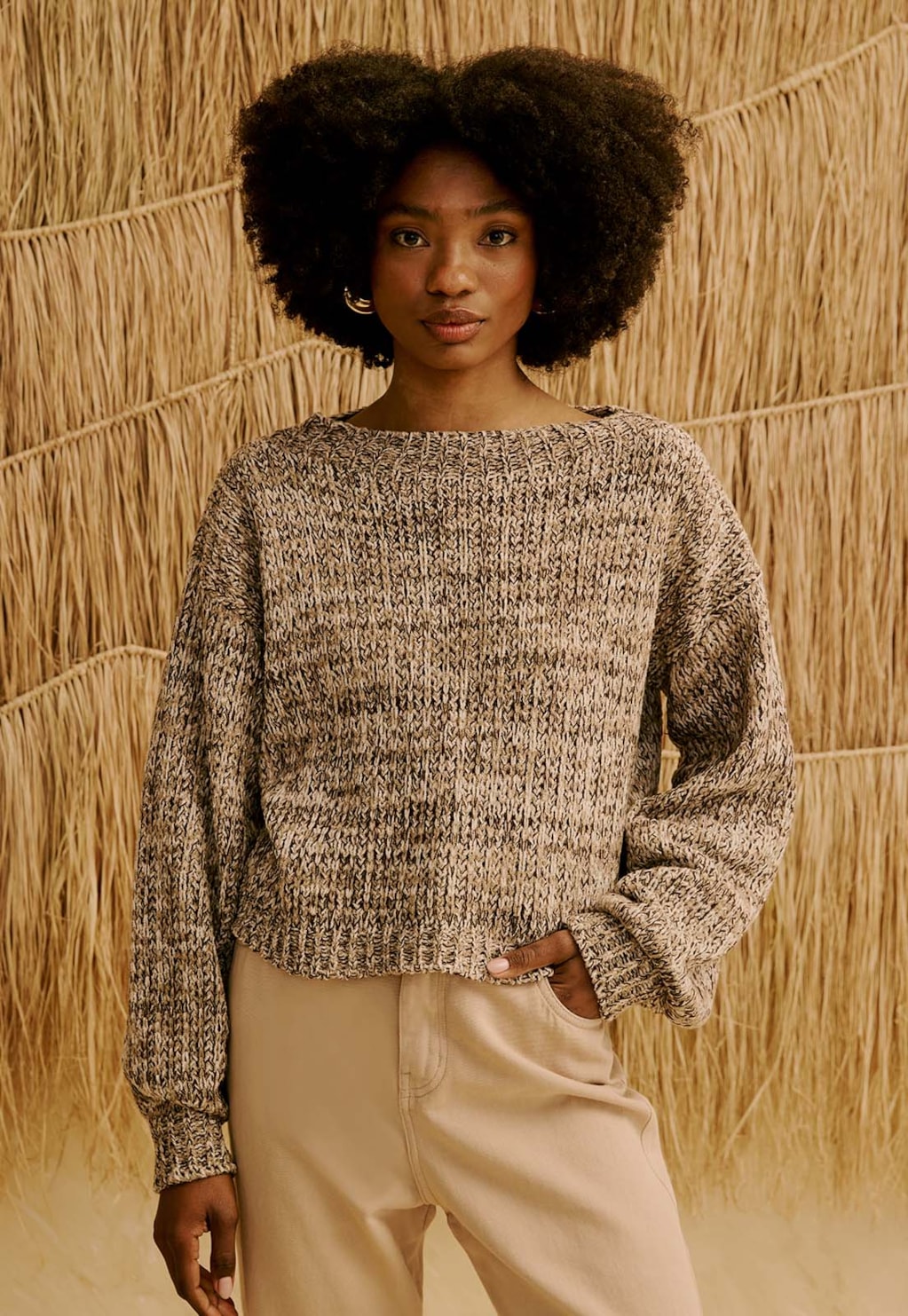 Blusa de Manga Longa em Tricot Mesclada