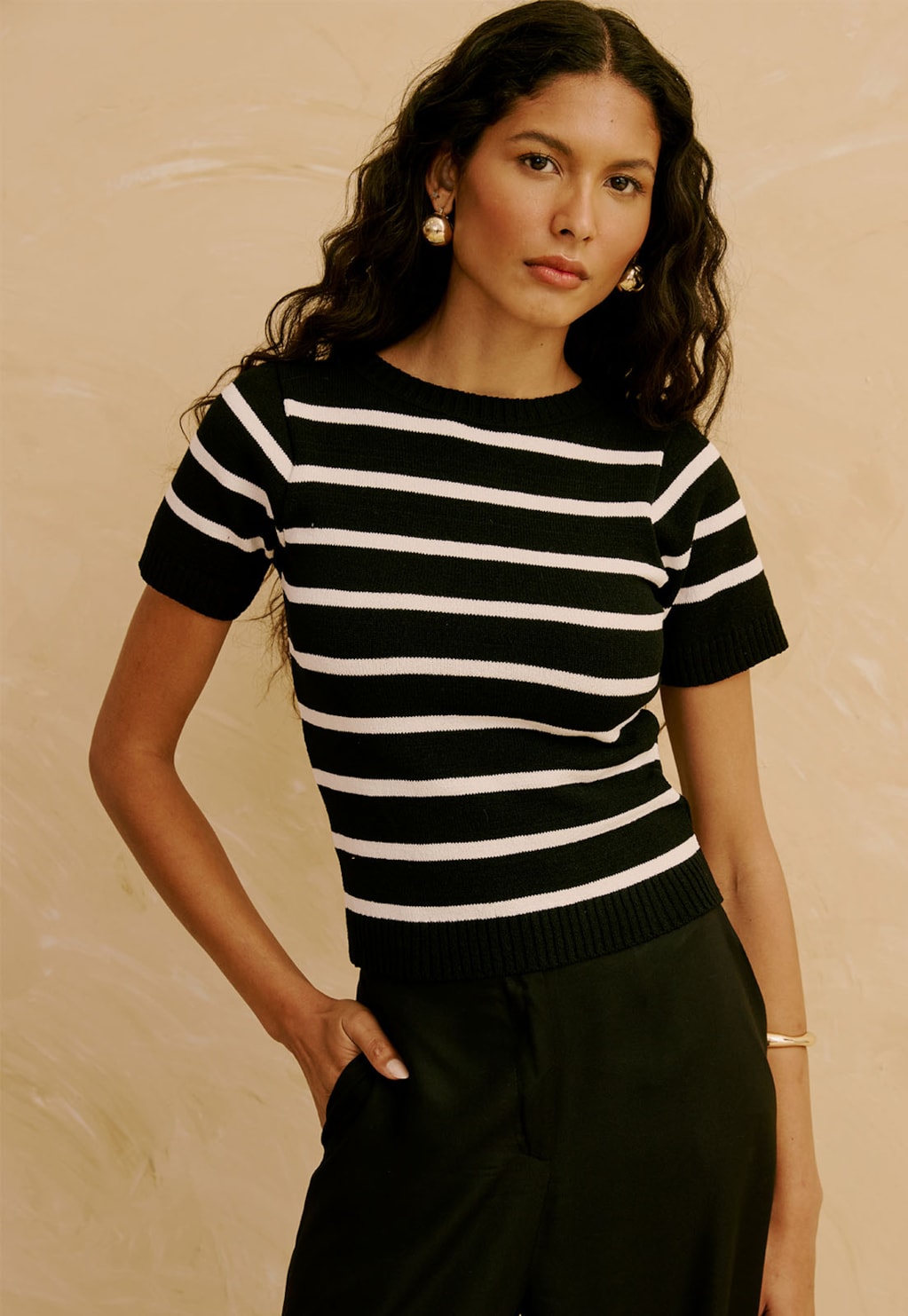 Blusa em Tricot com Manga Listrada