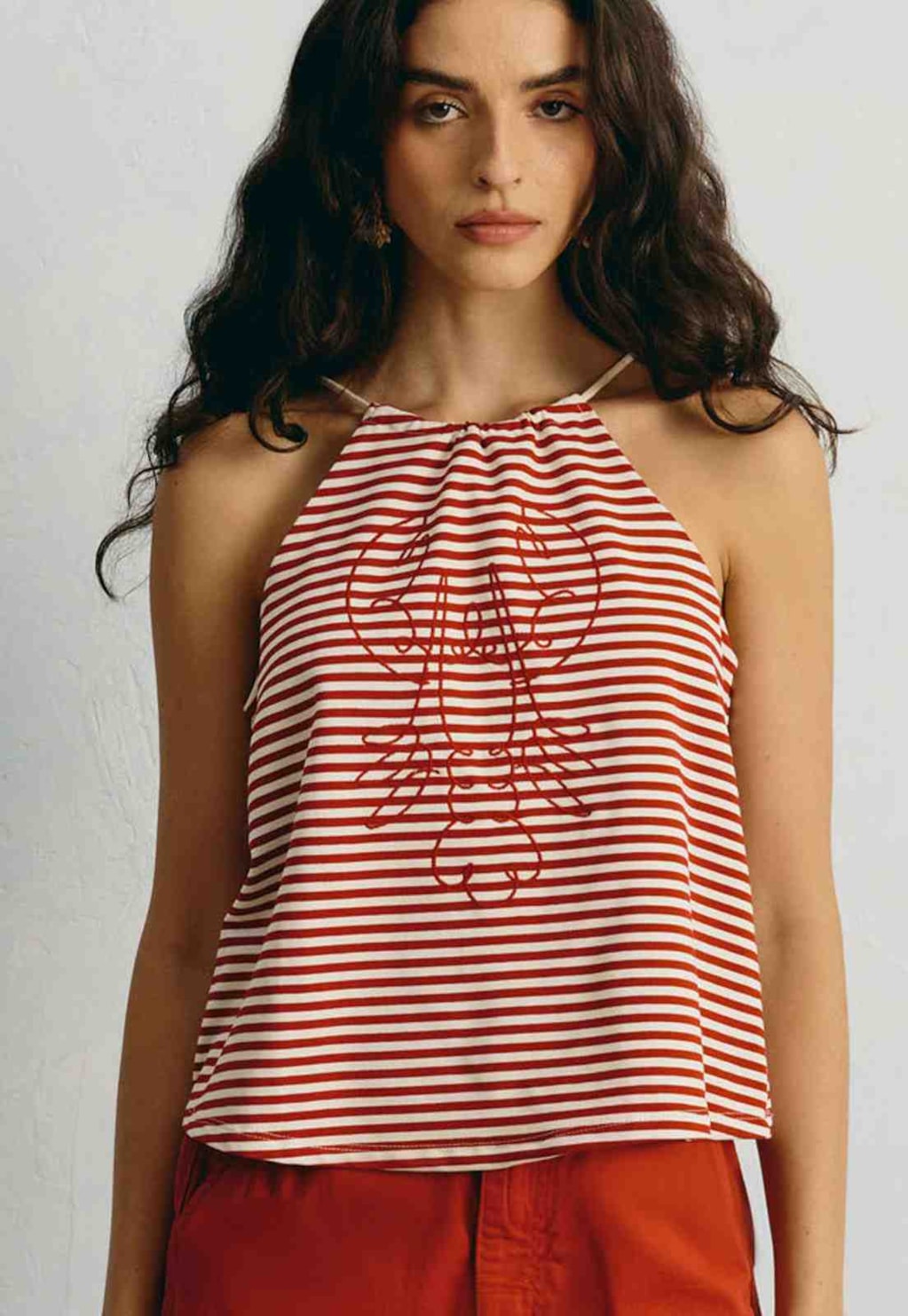 Blusa Listrada Bordado Lagosta