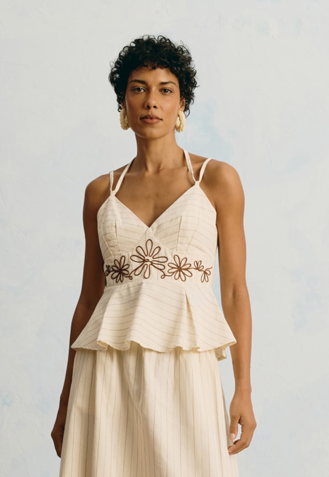Blusa Listrada Peplum Bordado Flores