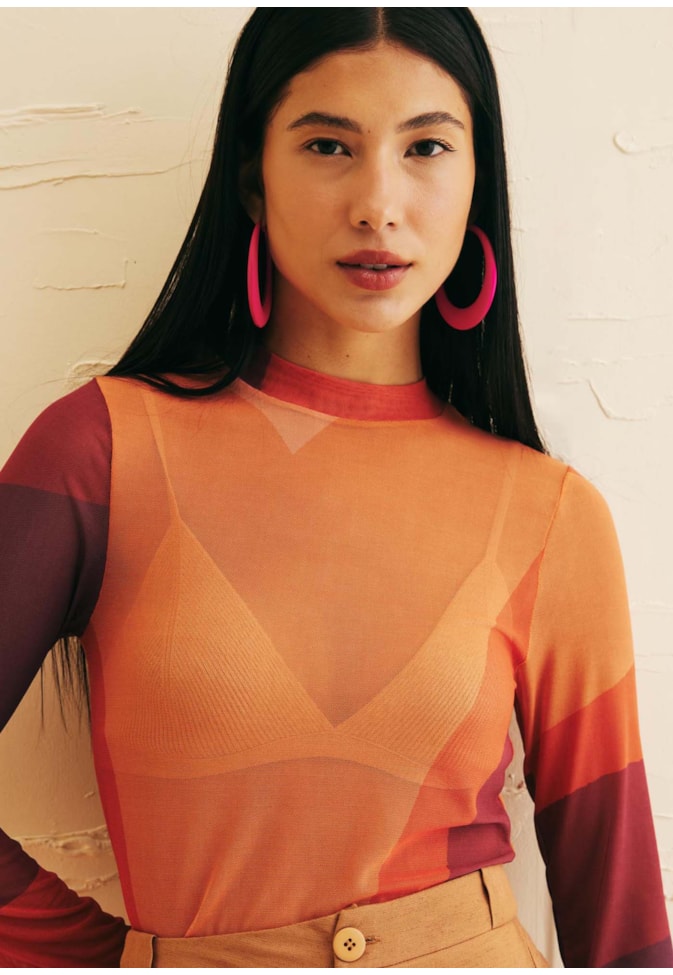 Blusa Manga Longa Tule Estampada Las Coloradas