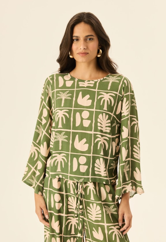 Blusa Quadradinha Manga Estampada Ybyra Vista Frontal