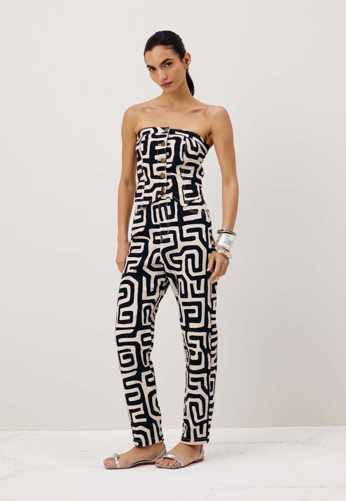 Blusa Sarja Botões Estampada Yala Preto