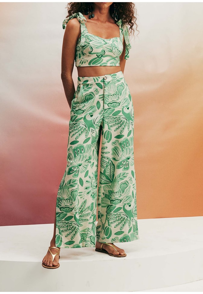 Calça Ampla com Fendas Estampada Gardênia
