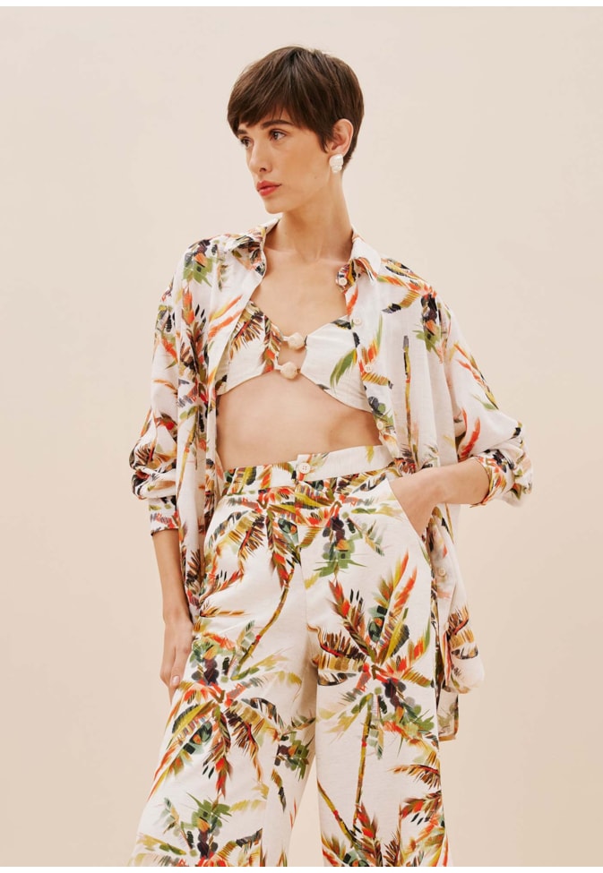 Calça Ampla Com Fendas Estampada Itapuã