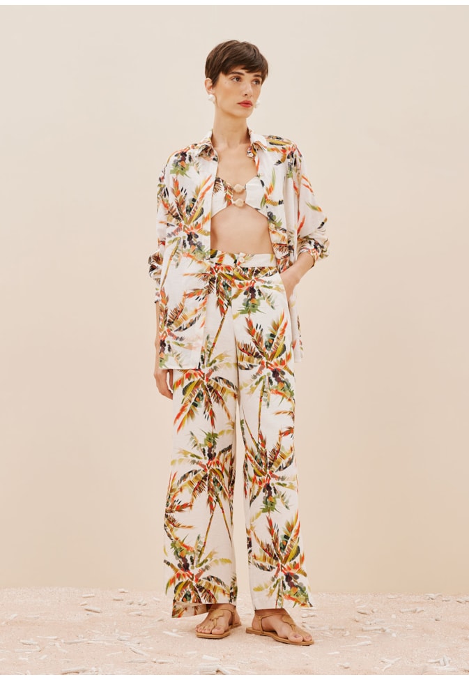 Calça Ampla Com Fendas Estampada Itapuã