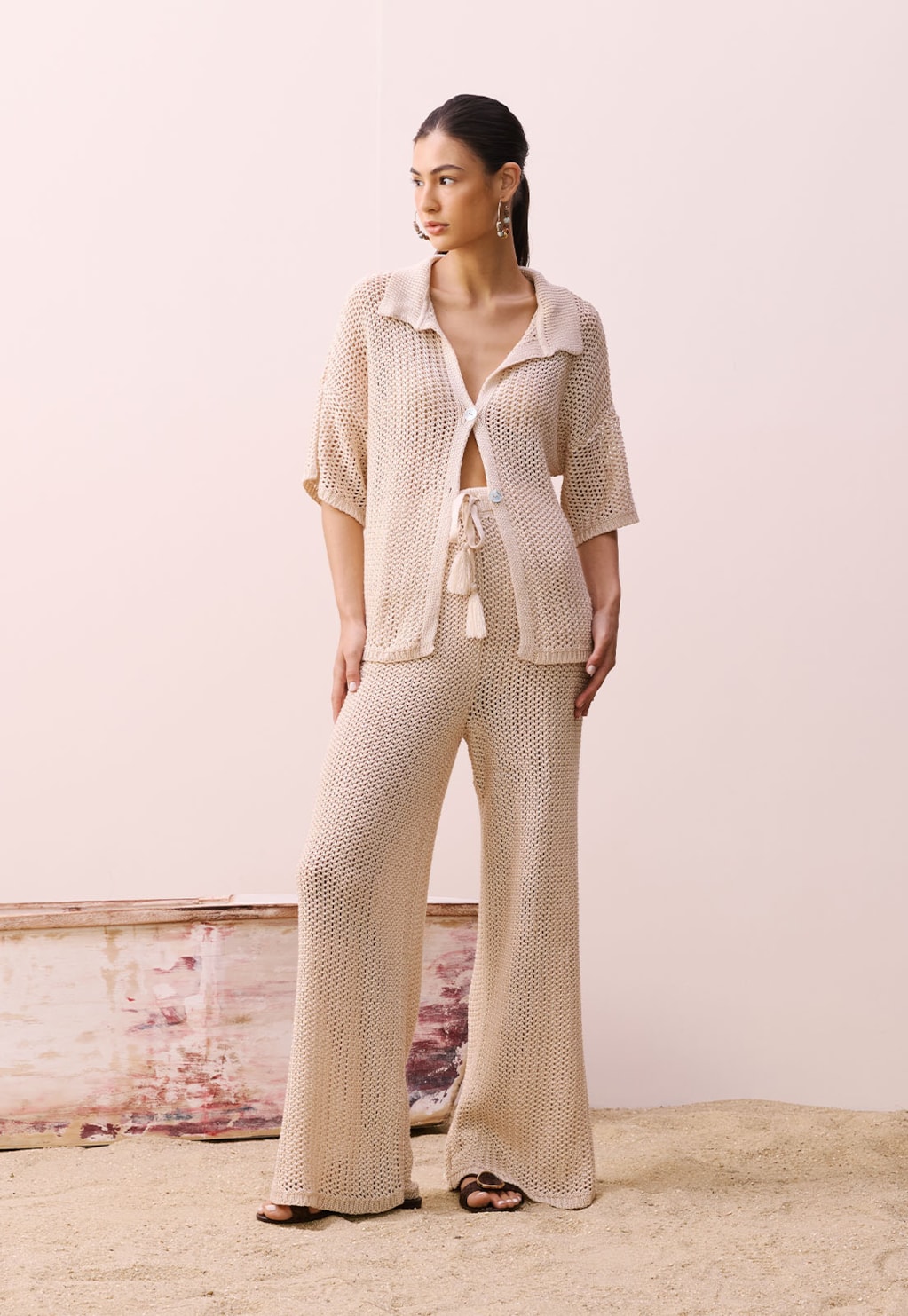 Calça Ampla Rendada Tricot