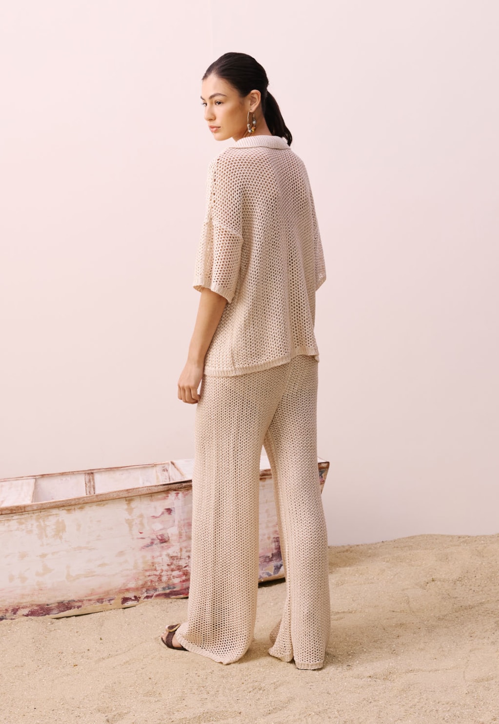 Calça Ampla Rendada Tricot