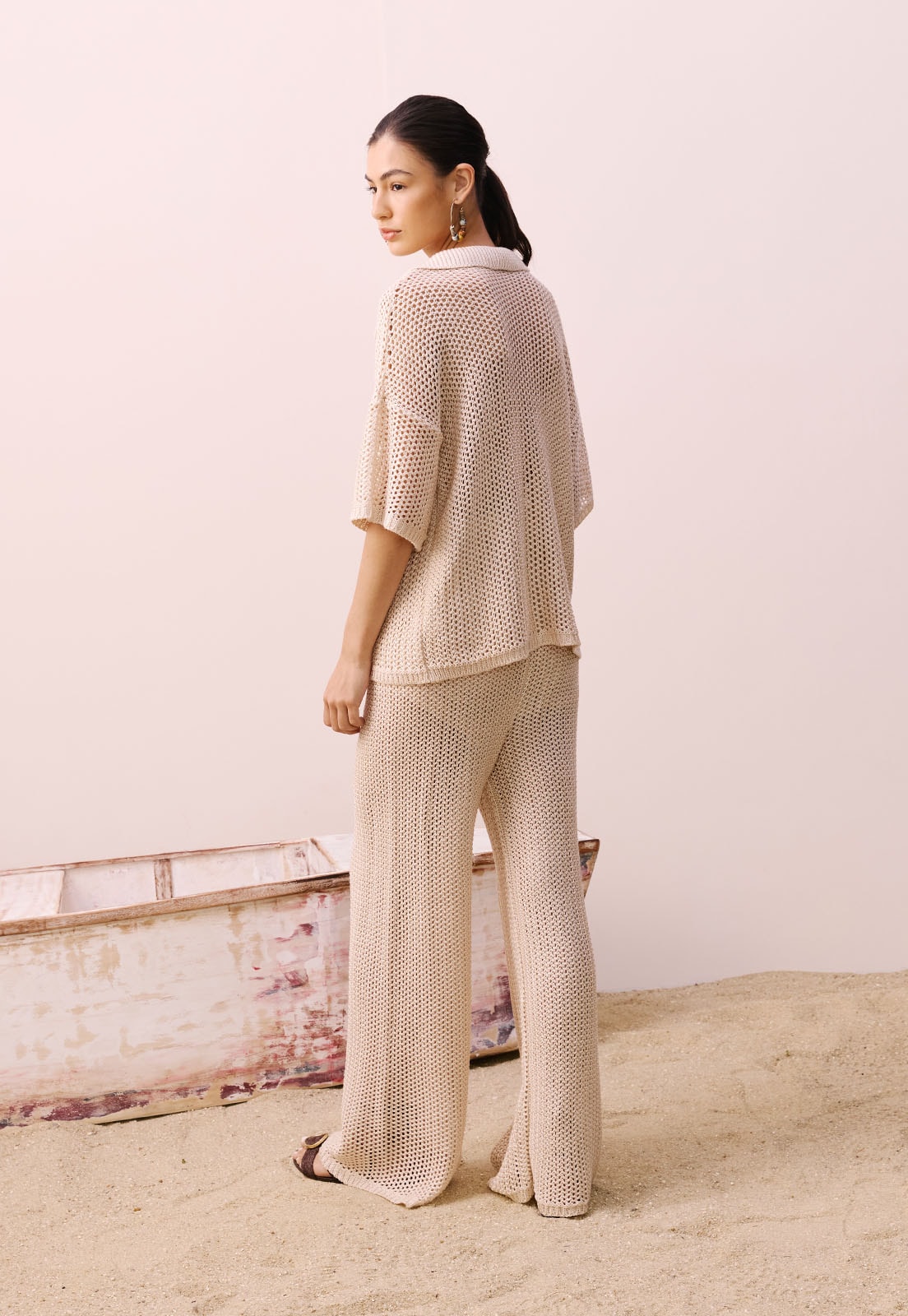 Calça Ampla Rendada Tricot Vista Traseira