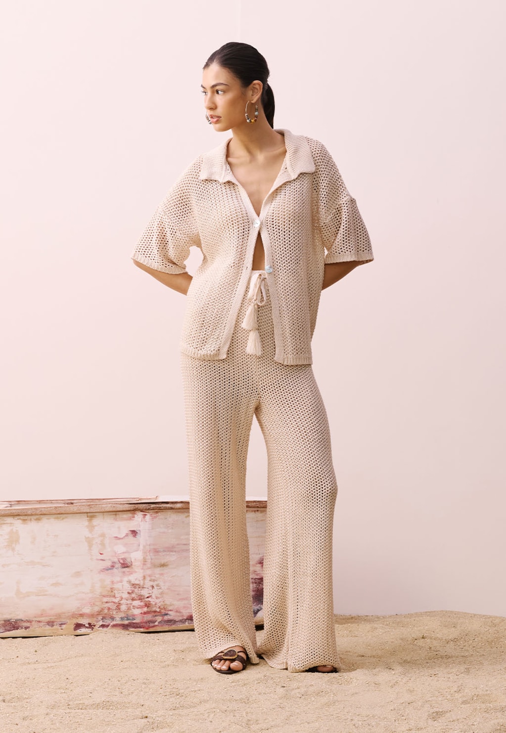 Calça Ampla Rendada Tricot