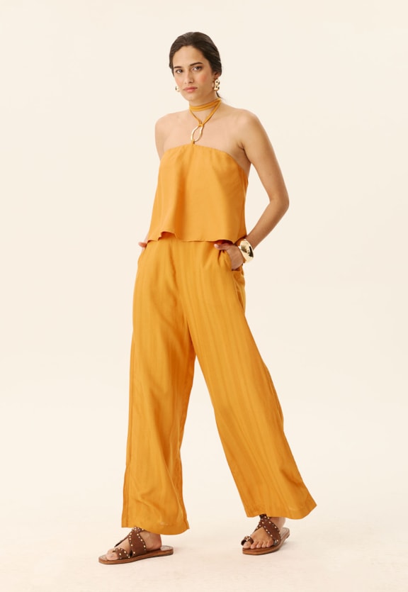 Calça Bolsos Cós Elástico Costas Vista Frontal