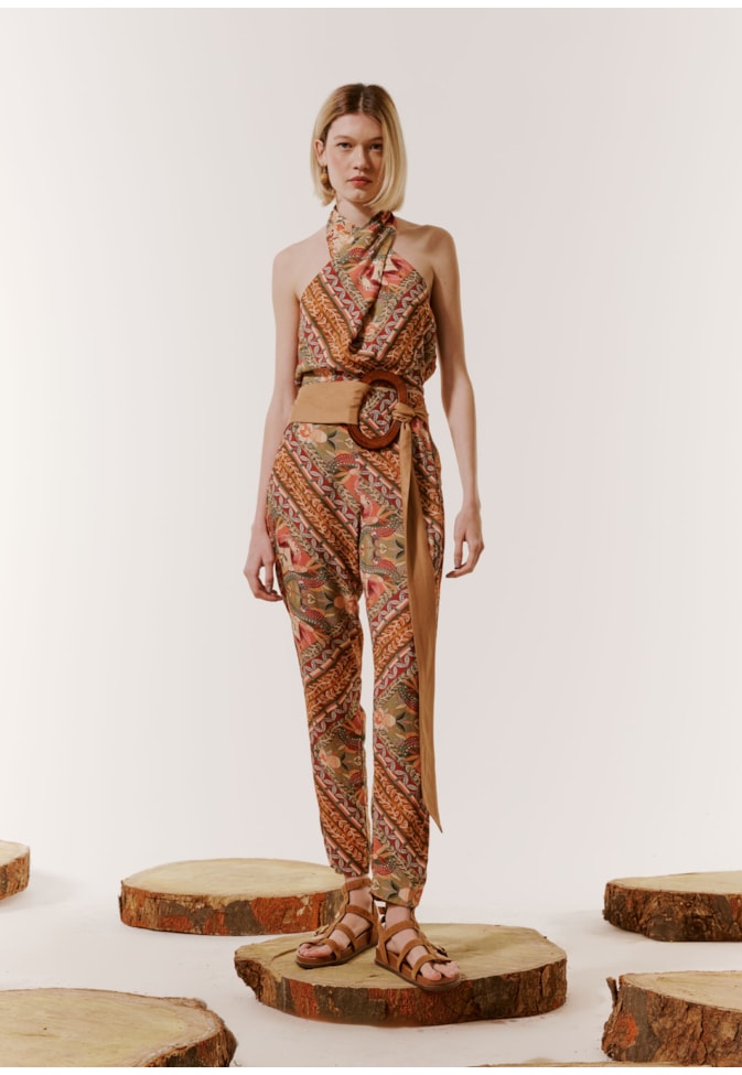 Calça Cenoura Elástico Estampada Lenço Ipê