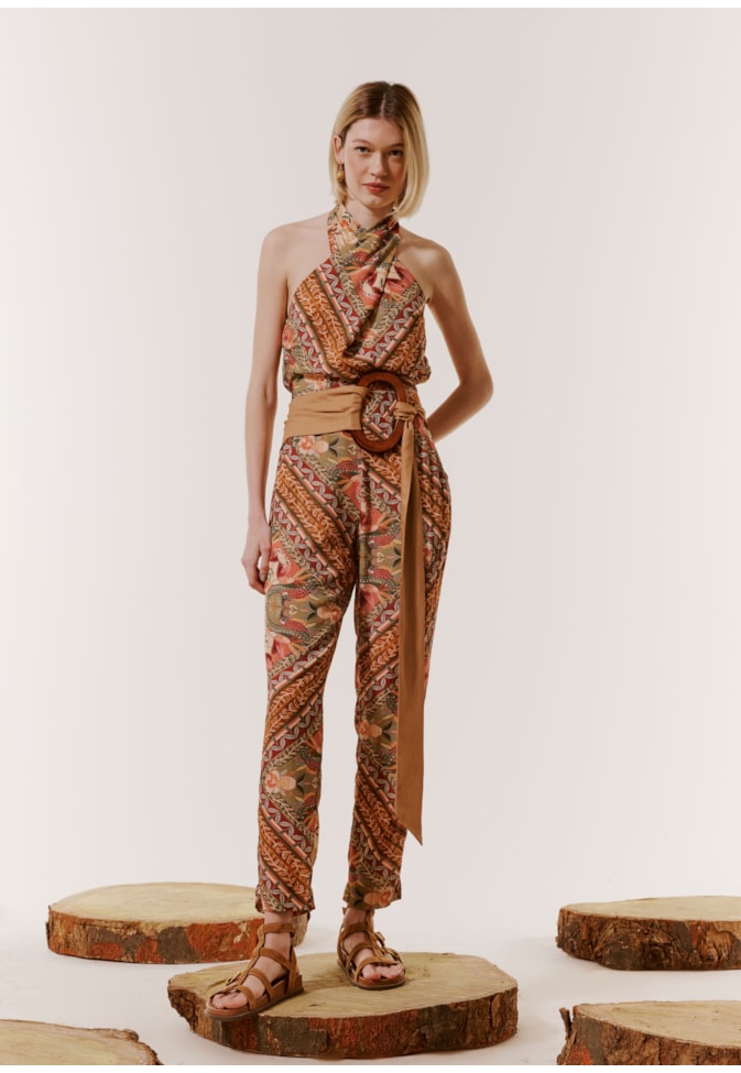 Calça Cenoura Elástico Estampada Lenço Ipê