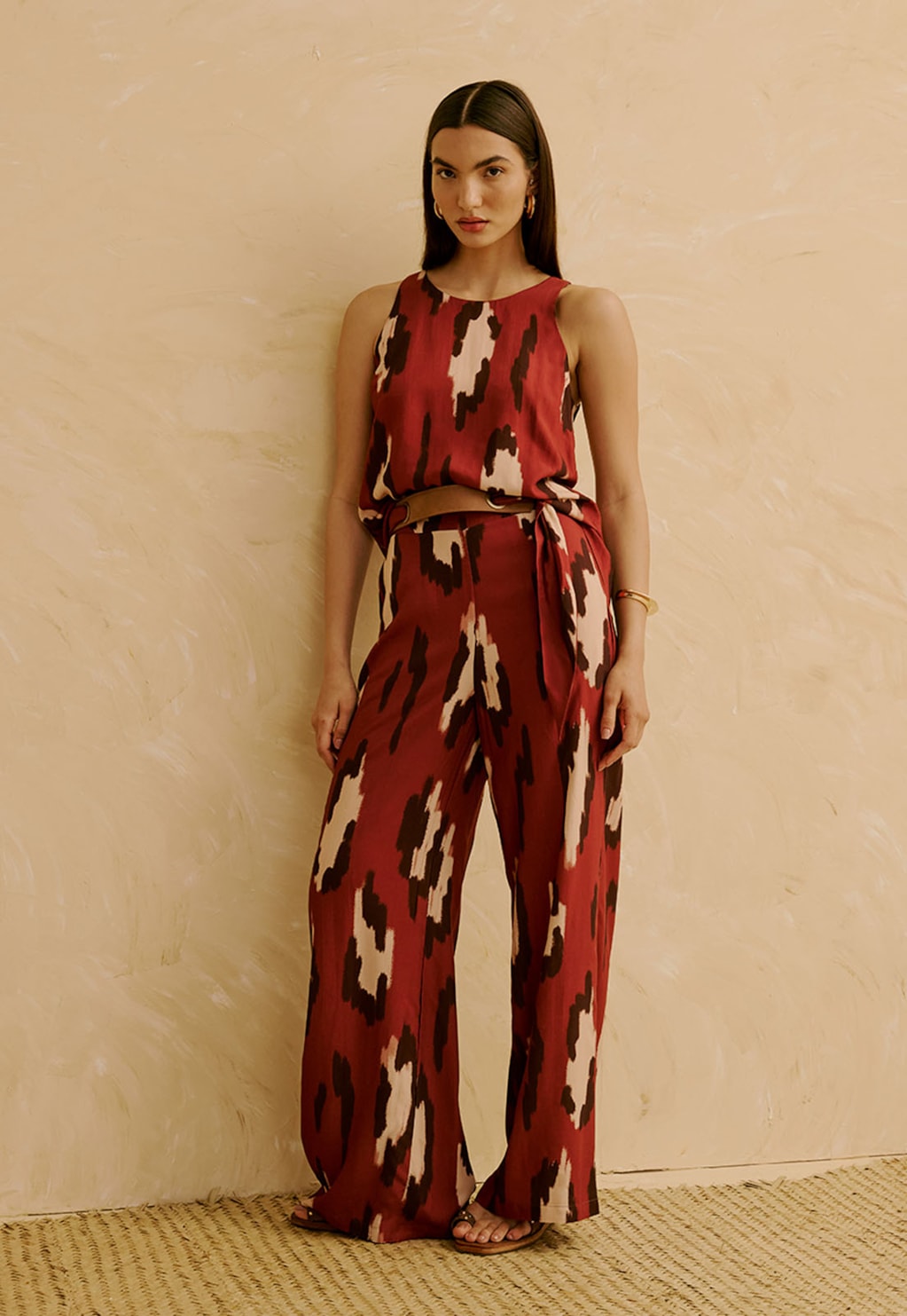 Calça Elástico Cós Costas Estampada Chimu Marrom