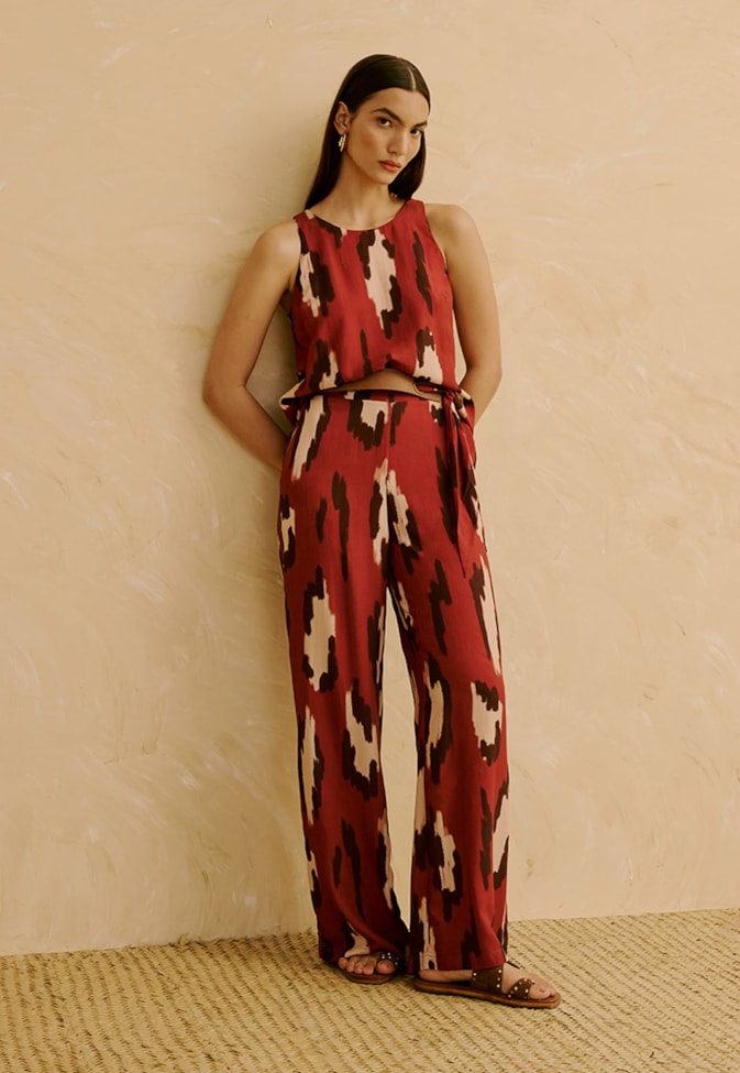 Calça Elástico Cós Costas Estampada Chimu Marrom