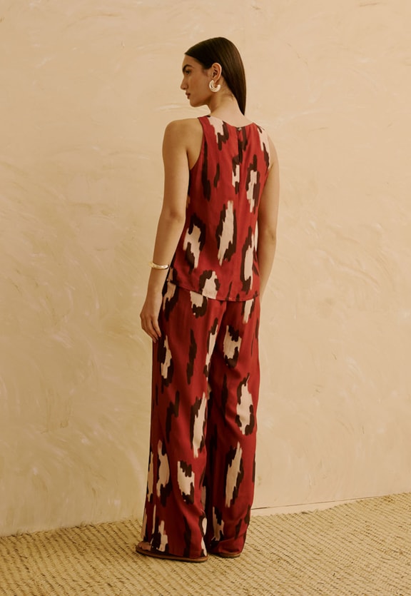 Calça Elástico Cós Costas Estampada Chimu Marrom Vista Traseira