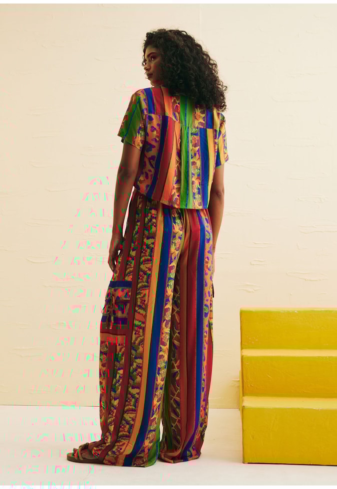 Calça Pantalona Amarração Bolso Estampada Caminito