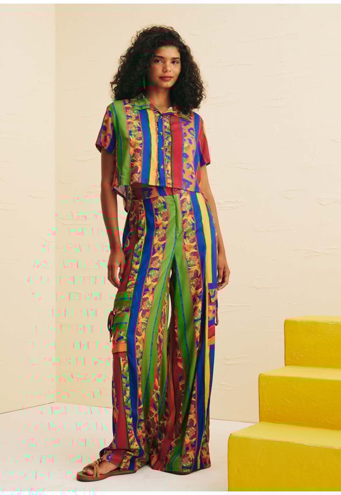 Calça Pantalona Amarração Bolso Estampada Caminito