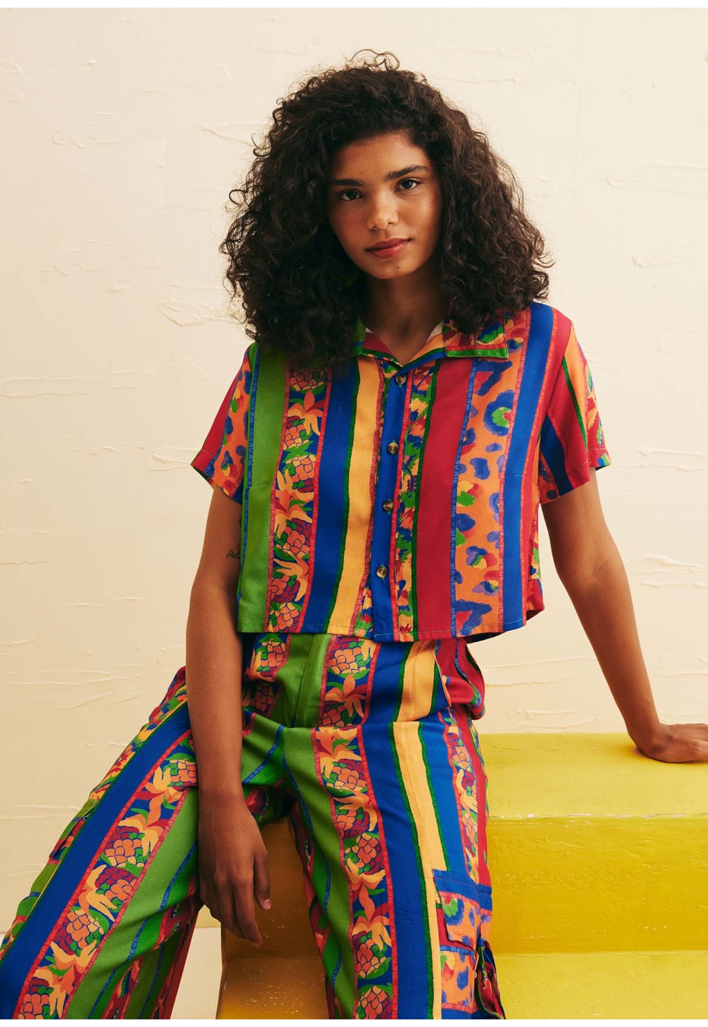 Calça Pantalona Amarração Bolso Estampada Caminito