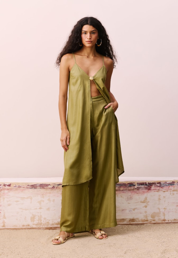 Calça Pantalona Cintura Alta Lurex