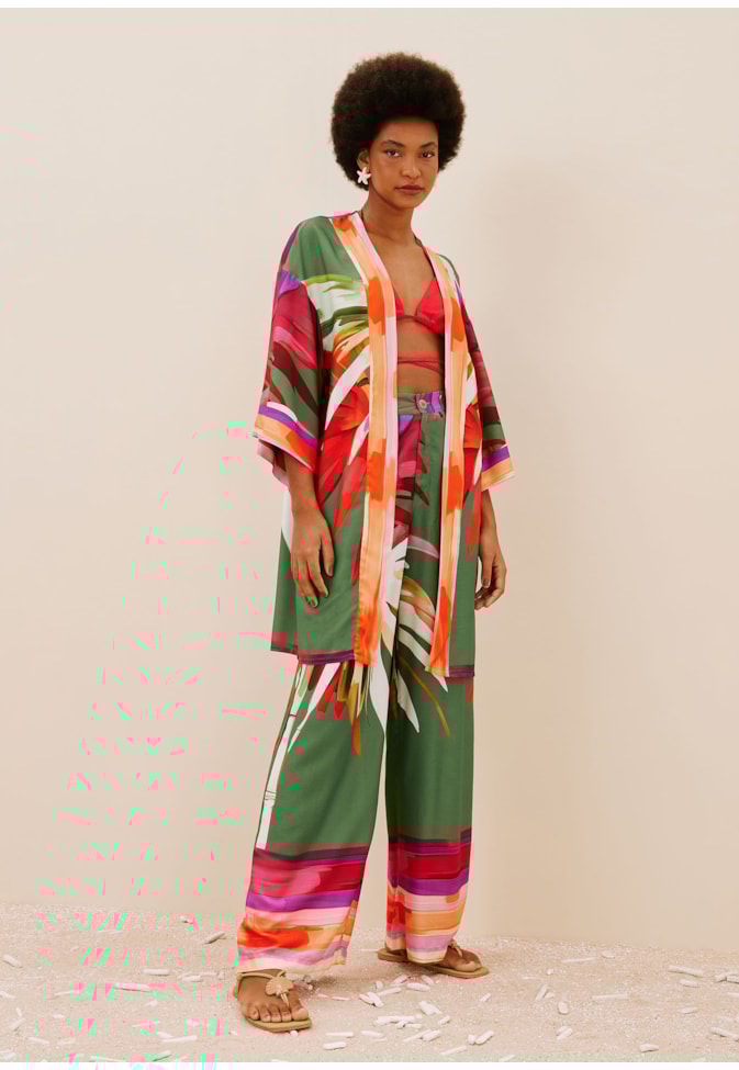 Calça Pantalona Com Cós Estampada Rafia