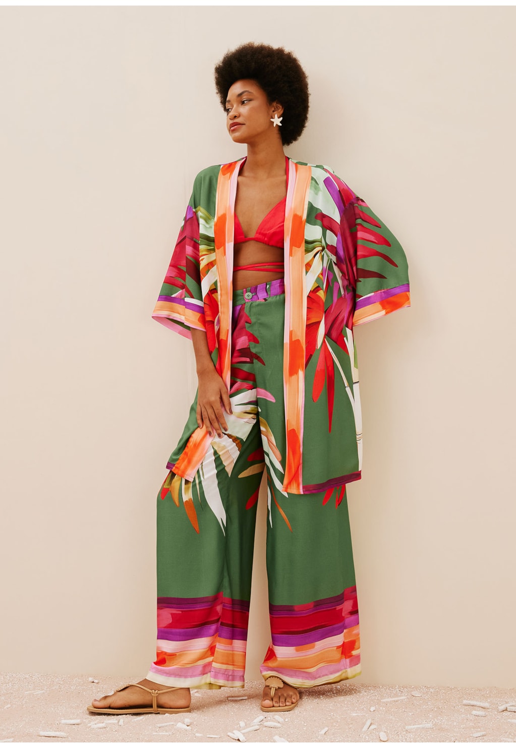 Calça Pantalona Com Cós Estampada Rafia