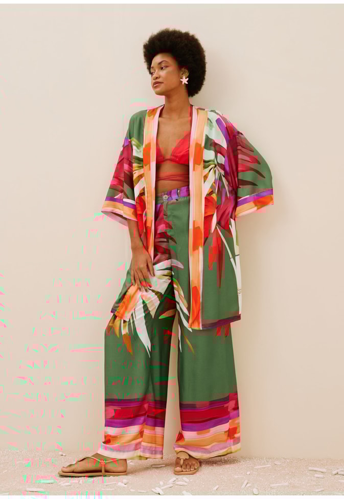 Calça Pantalona Com Cós Estampada Rafia