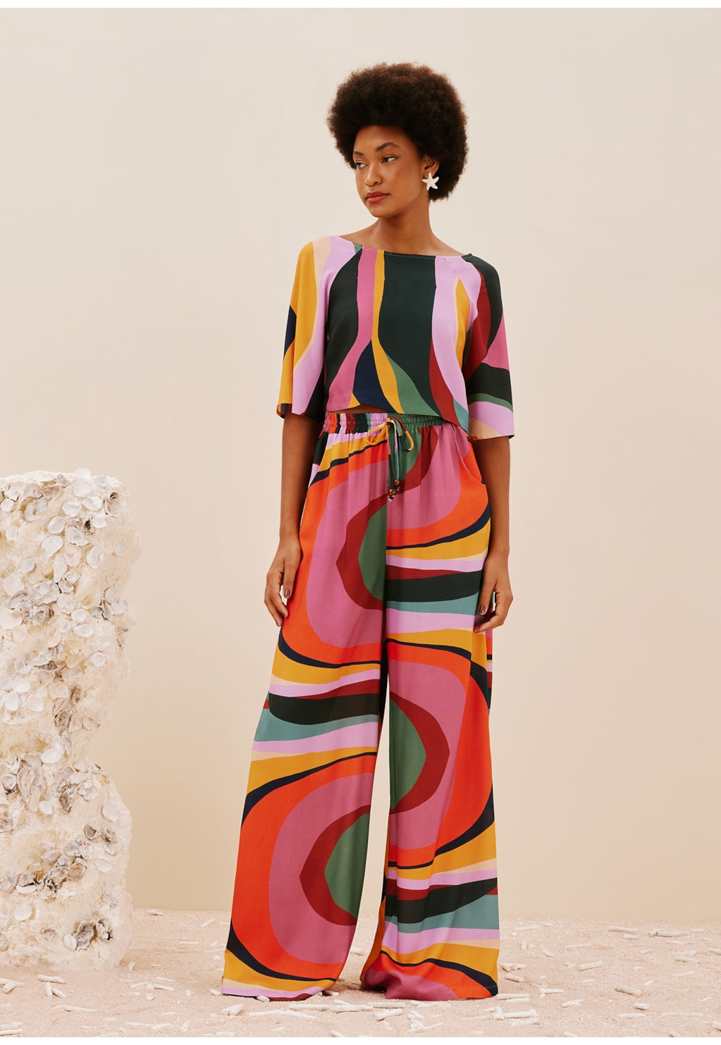 Calça Pantalona Com Elástico Estampada Marés