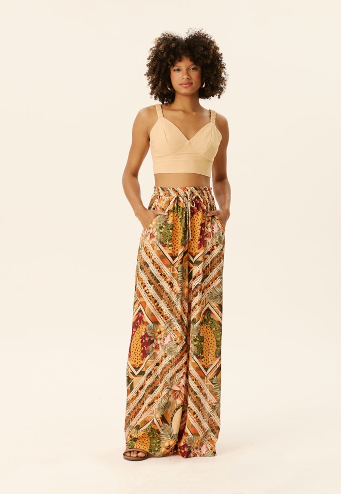 Calça Pantalona com Fendas Estampada Panamá