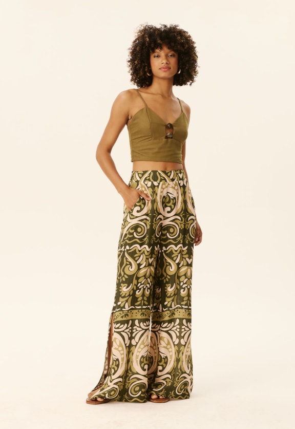 Calça Pantalona Com Pala Estampada Vista Frontal