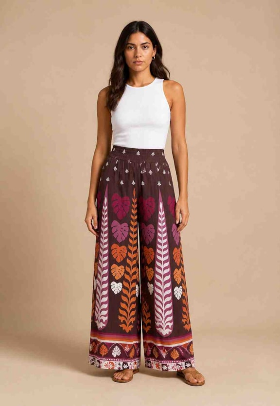 Calça Pantalona Com Pala Estampada Vista Frontal