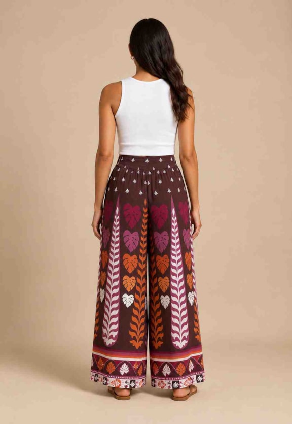 Calça Pantalona Com Pala Estampada Vista Traseira
