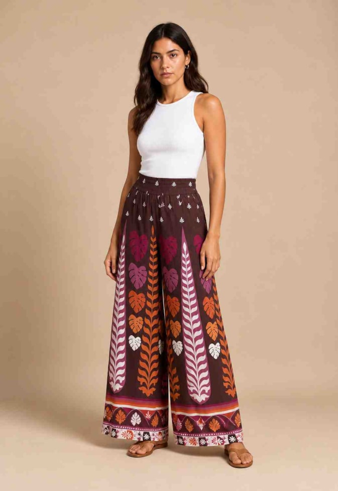Calça Pantalona Com Pala Estampada