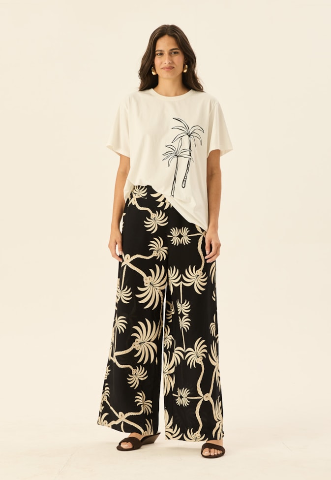 Calça Pantalona Cós Elástico Costas Estampada Carnaúba