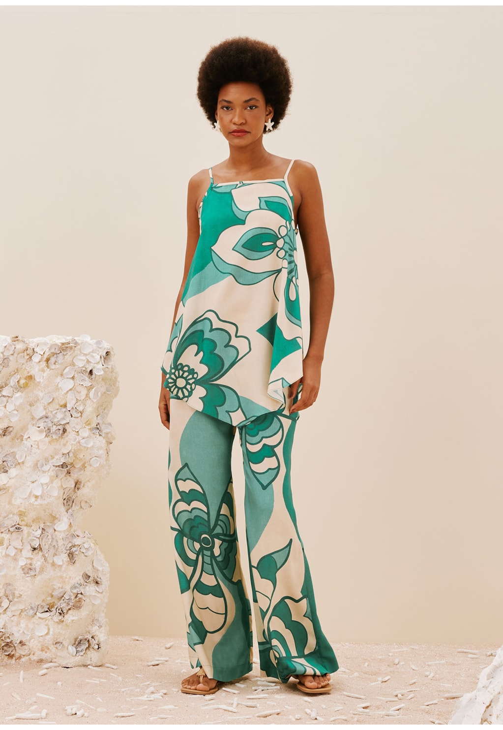 Calça Pantalona Cós Estampada Pop Flower