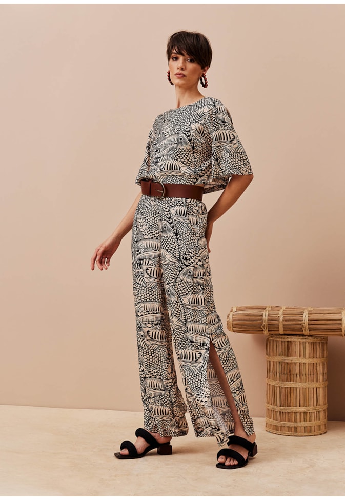 Calça Pantalona Cós Estampada Tucán