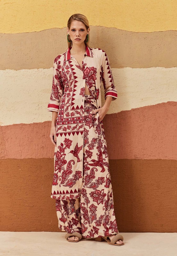 Calça Pantalona Cós Transpassado Estampada Cuyo