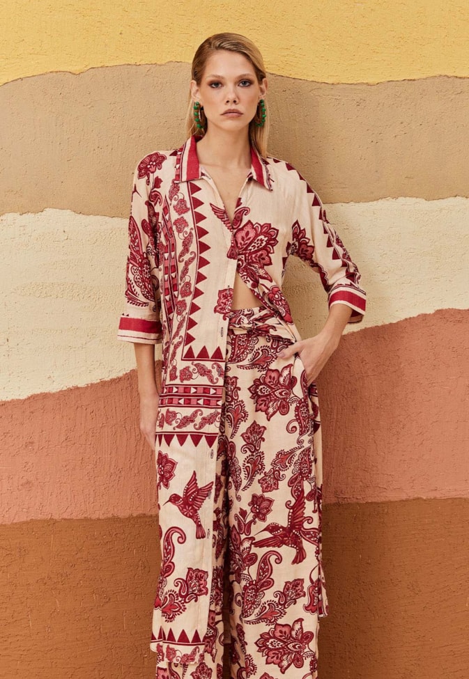 Calça Pantalona Cós Transpassado Estampada Cuyo