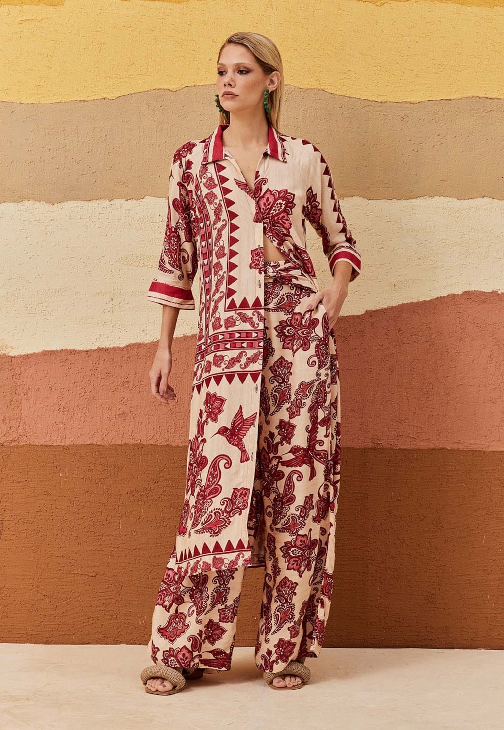 Calça Pantalona Cós Transpassado Estampada Cuyo