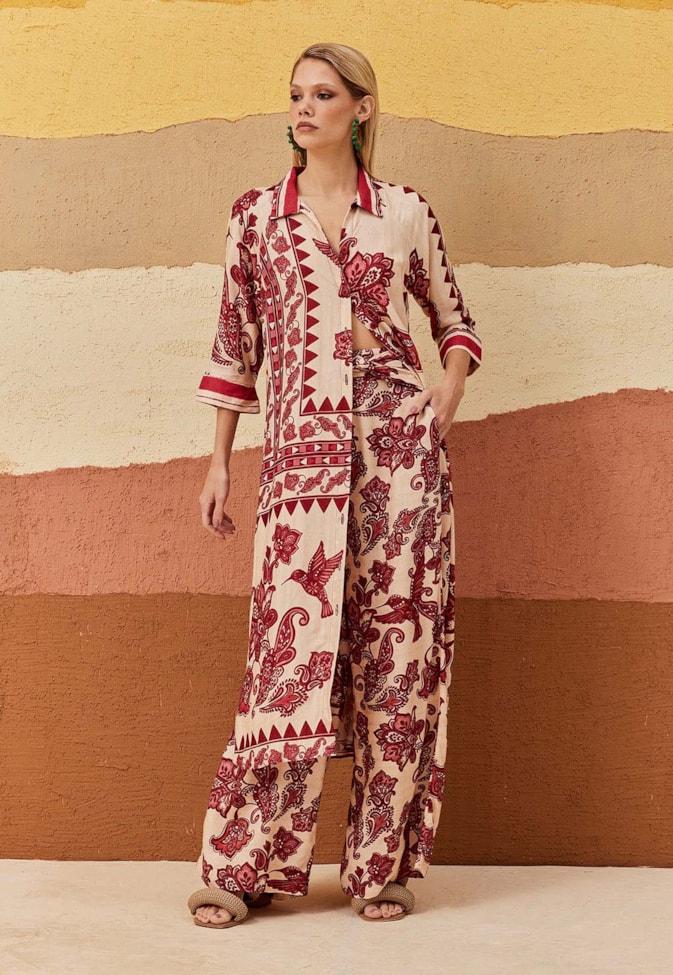 Calça Pantalona Cós Transpassado Estampada Cuyo