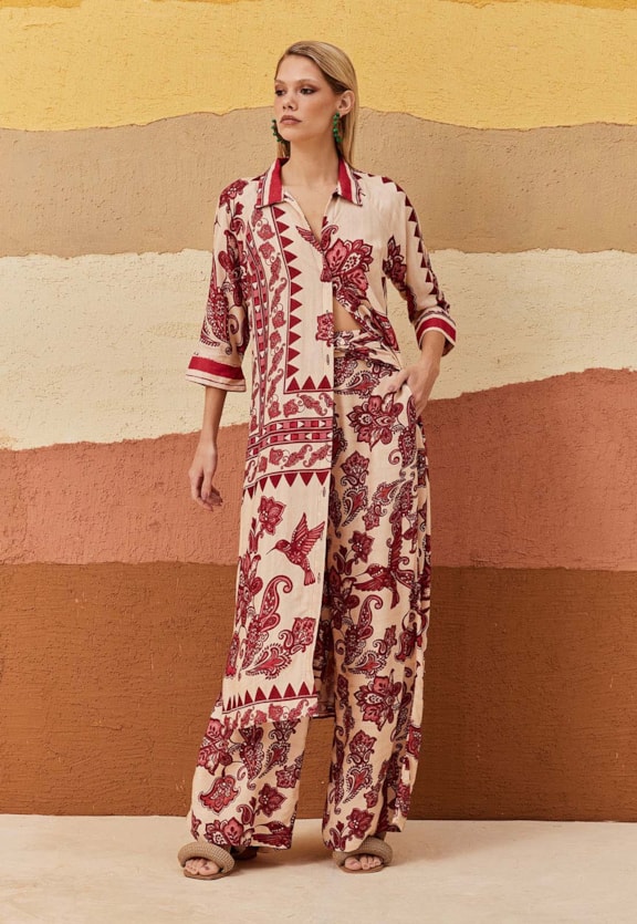 Calça Pantalona Cós Transpassado Estampada Cuyo Vista Traseira