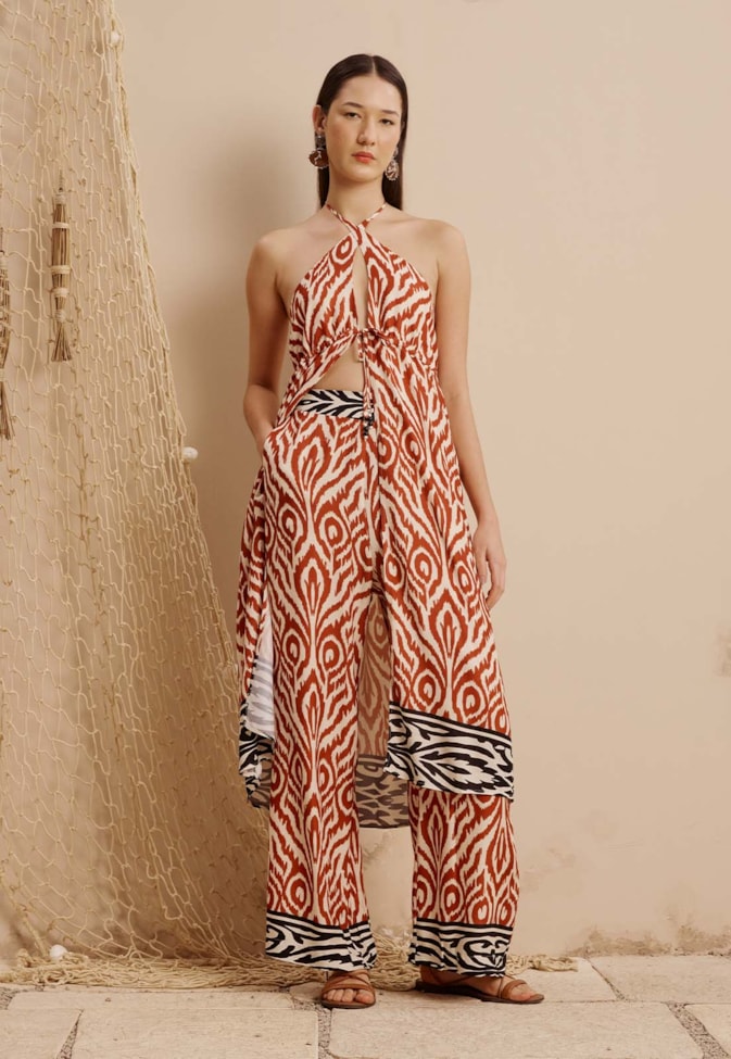 Calça Pantalona Elástico Costas Estampada Aruma