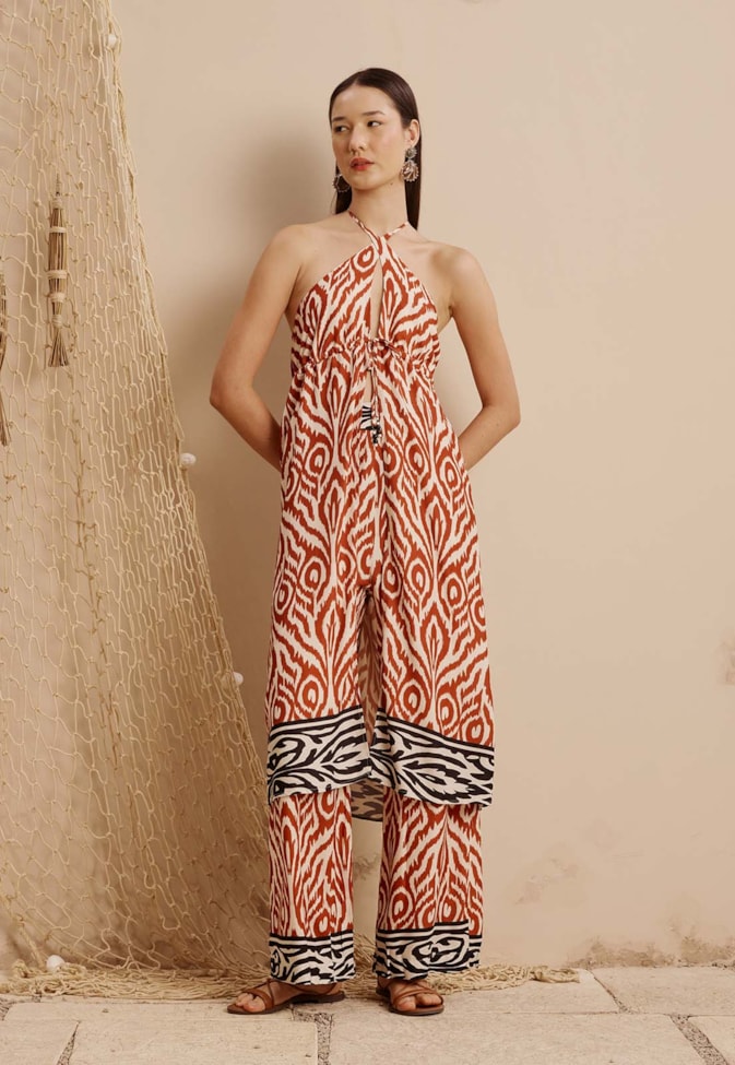 Calça Pantalona Elástico Costas Estampada Aruma